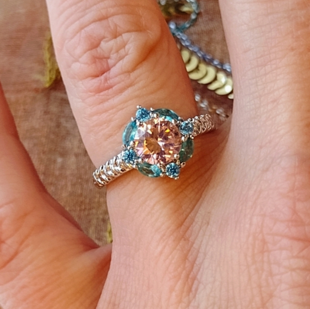 Size 7 - Sterling Silver Plated Pink and Blue Topaz Ring
